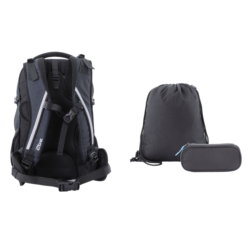 2be Laptoprugzak / Rugzak Combi / Schooltas - 15 Inch - Met Gymtas & Pennenzak – Zwart/Grijs