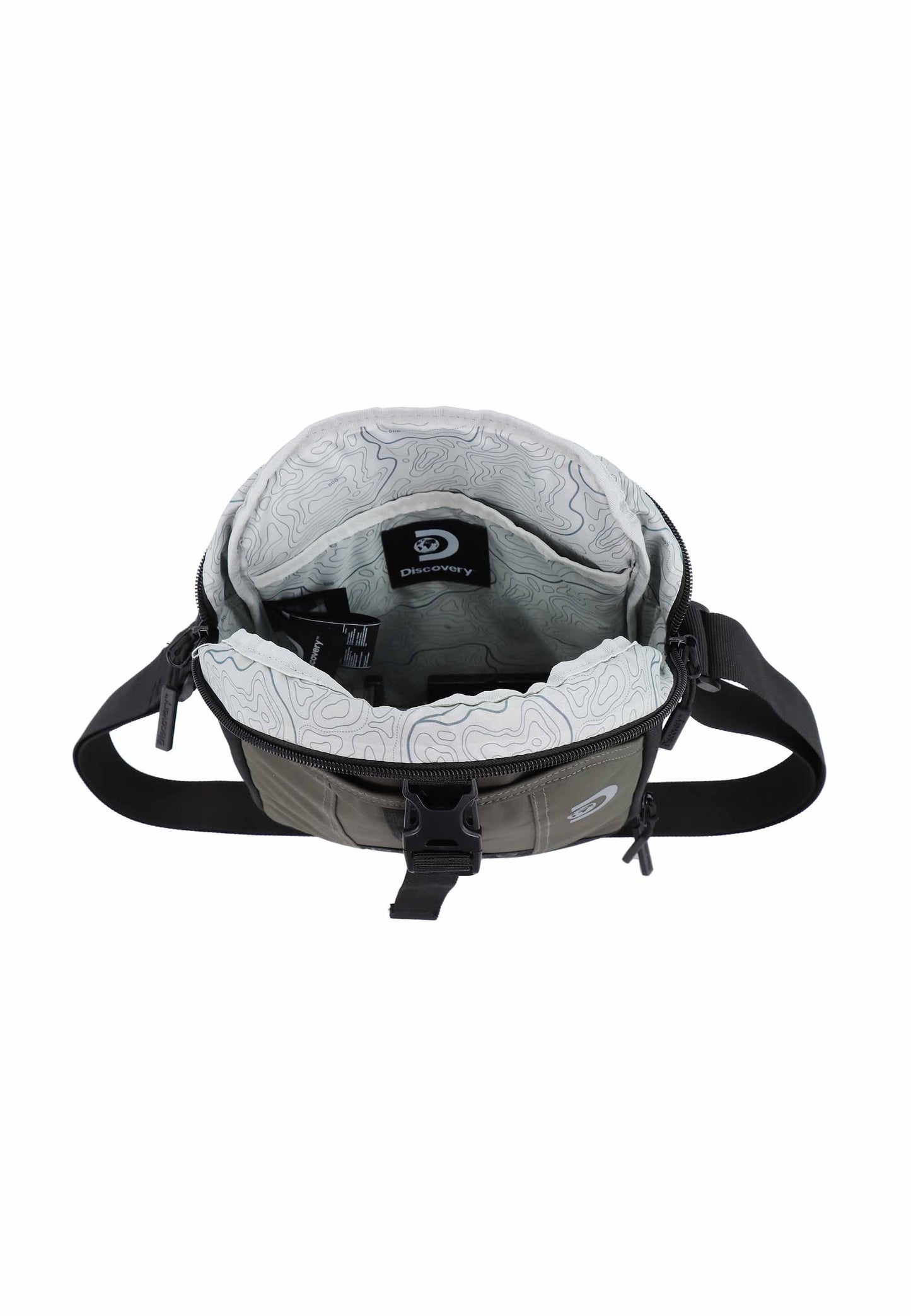 Discovery Shield schoudertas in khaki, open hoofdvak met binnenindeling