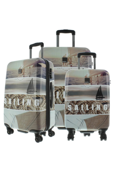 Saxoline Blue Hard Suitcase Set 3-Piece / Travel Valise Set / Trolley Set - Sailing Print