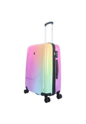 Saxoline Rainbow middelgrote harde reiskoffer met roze-groene kleurverloopprint, schuin aanzicht met uitgeschoven trolleygreep