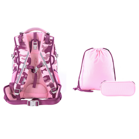 2be Laptoprugzak / Rugzak Combi / Schooltas - 15 Inch - Met Gymtas & Pennenzak – Roze Bourgondië