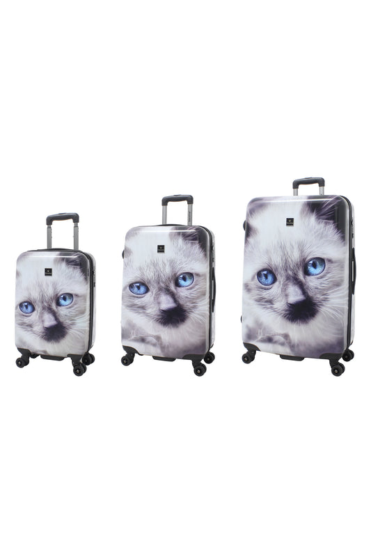 Saxoline White Cat driedelige harde kofferset met grijs-witte kattenprint, driedelige kofferset met drie formaten naast elkaar