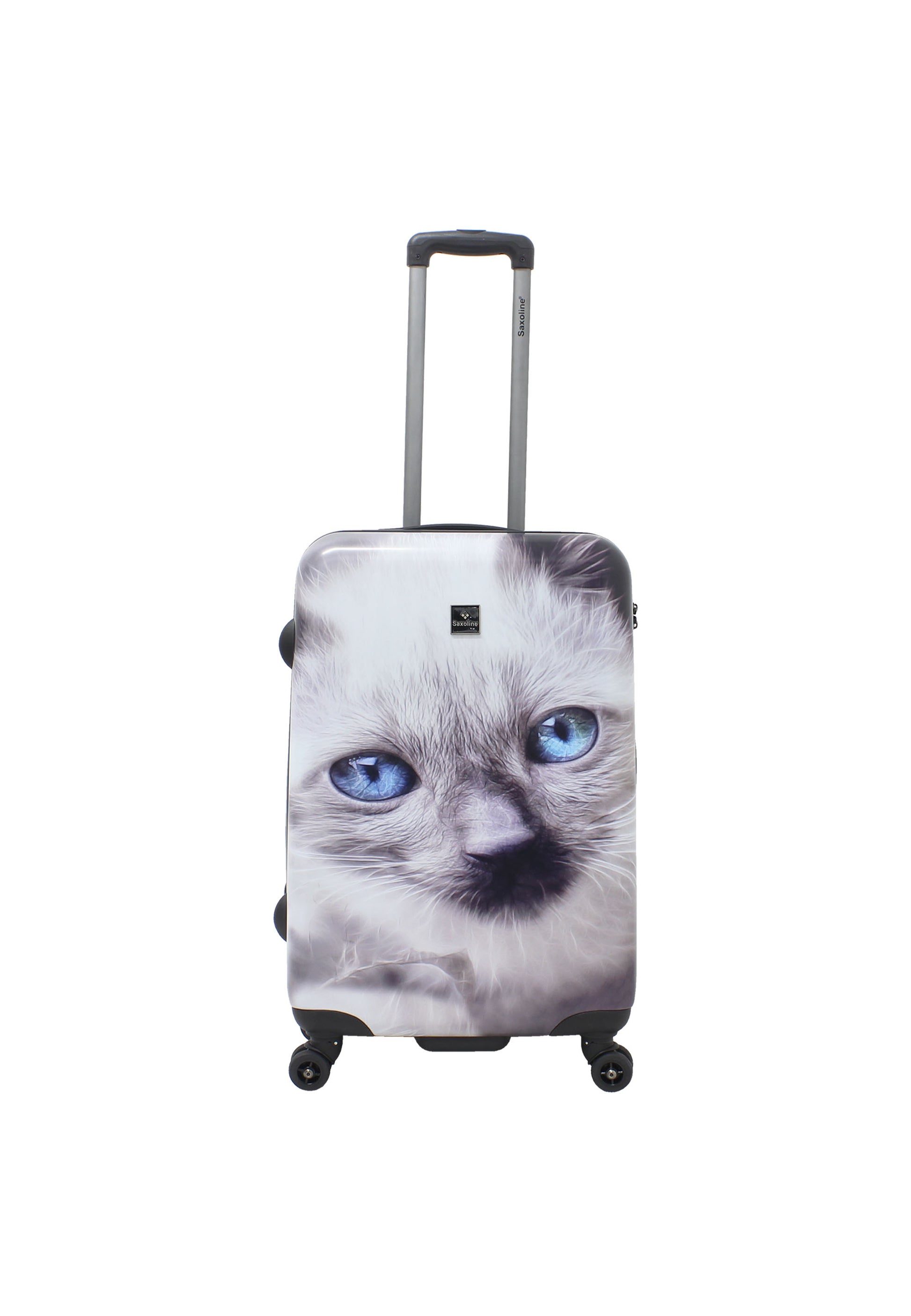 Saxoline White Cat middelgrote harde reiskoffer met grijs-witte kattenprint, rechtopstaand vooraanzicht op witte achtergrond