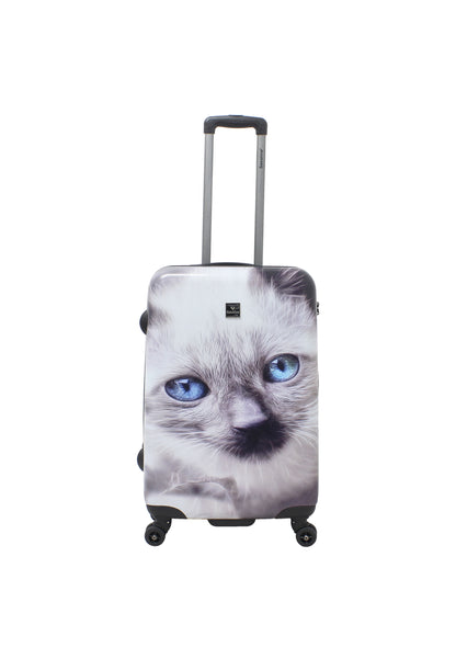 Saxoline White Cat middelgrote harde reiskoffer met grijs-witte kattenprint, rechtopstaand vooraanzicht op witte achtergrond