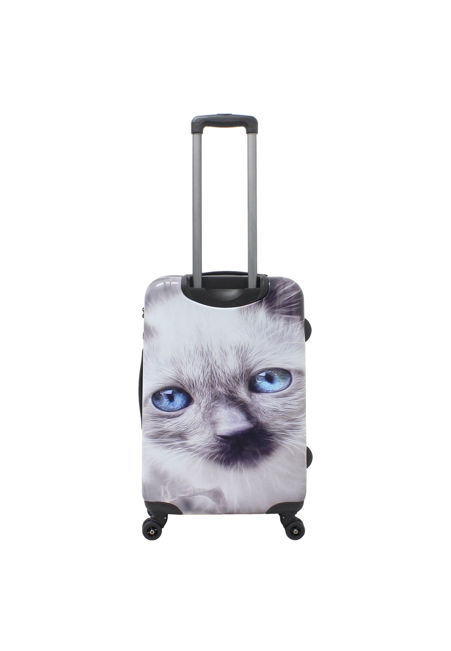 Saxoline White Cat middelgrote harde reiskoffer met grijs-witte kattenprint, achteraanzicht met uitgeschoven trolleygreep