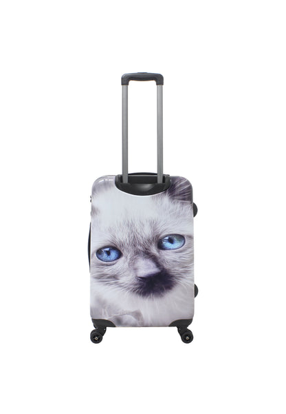 Saxoline White Cat middelgrote harde reiskoffer met grijs-witte kattenprint, achteraanzicht met uitgeschoven trolleygreep