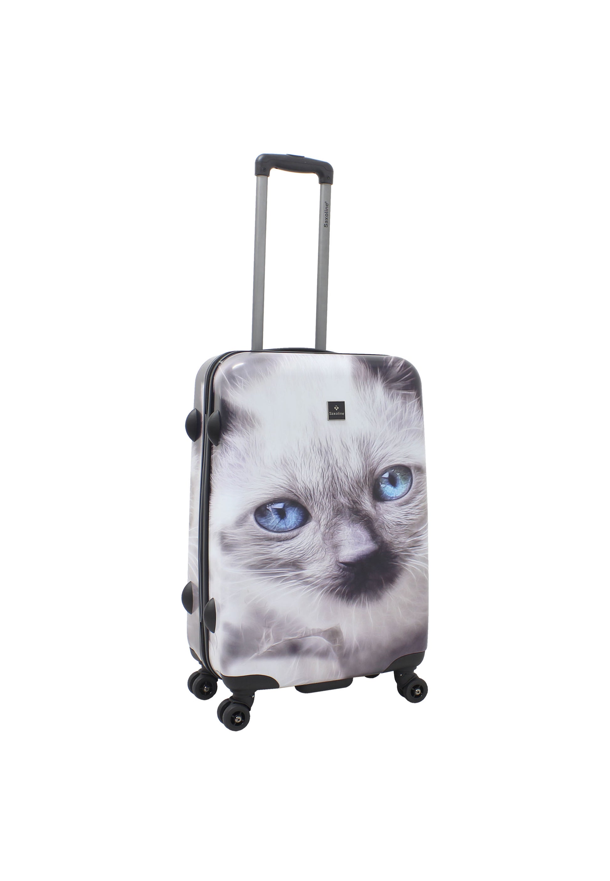 Saxoline White Cat middelgrote harde reiskoffer met grijs-witte kattenprint, schuin achteraanzicht met spinnerwielen