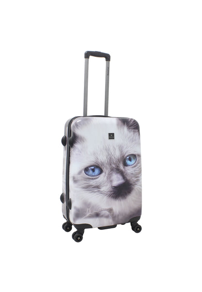 Saxoline White Cat middelgrote harde reiskoffer met grijs-witte kattenprint, schuin achteraanzicht met spinnerwielen