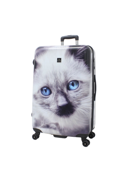 Saxoline White Cat grote harde reiskoffer met grijs-witte kattenprint, schuin vooraanzicht met spinnerwielen