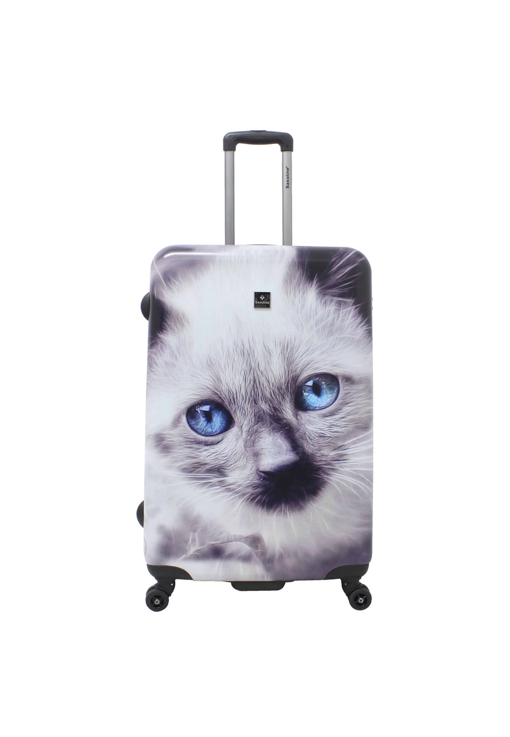 Saxoline White Cat grote harde reiskoffer met grijs-witte kattenprint, rechtopstaand vooraanzicht op witte achtergrond