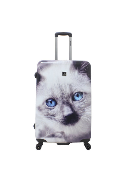 Saxoline White Cat grote harde reiskoffer met grijs-witte kattenprint, rechtopstaand vooraanzicht op witte achtergrond