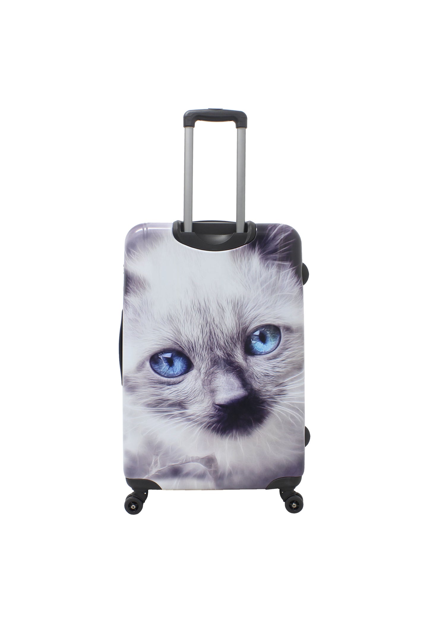 Saxoline White Cat grote harde reiskoffer met grijs-witte kattenprint, achteraanzicht met uitgeschoven trolleygreep