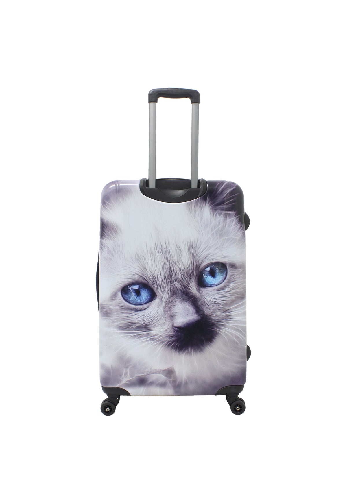 Saxoline White Cat grote harde reiskoffer met grijs-witte kattenprint, achteraanzicht met uitgeschoven trolleygreep