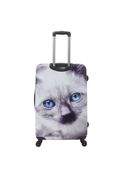 Saxoline White Cat grote harde reiskoffer met grijs-witte kattenprint, achteraanzicht met uitgeschoven trolleygreep