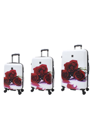 Saxoline Red Roses driedelige harde kofferset in wit met rode rozenprint, driedelige kofferset met drie formaten naast elkaar
