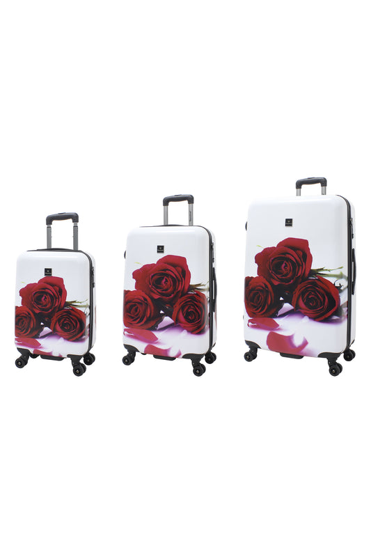 Saxoline Red Roses driedelige harde kofferset in wit met rode rozenprint, driedelige kofferset met drie formaten naast elkaar