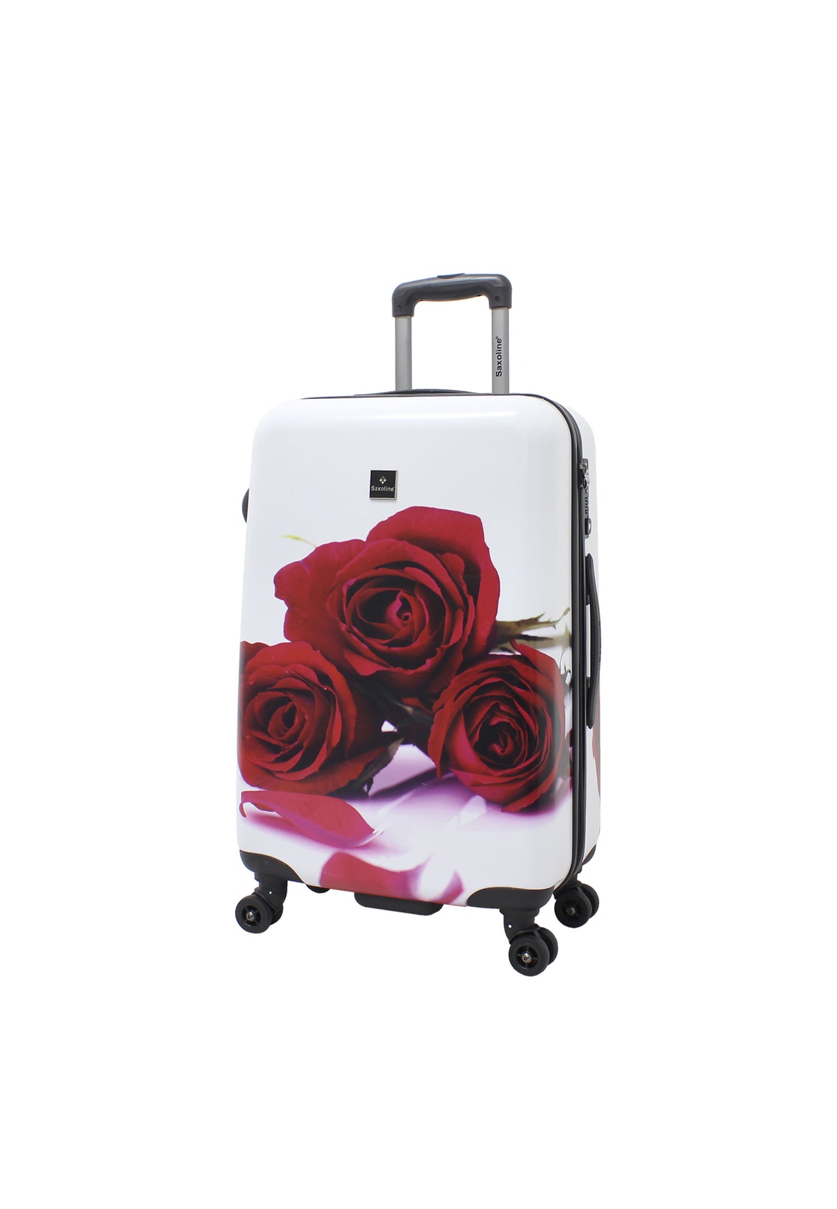 Saxoline Red Roses driedelige harde kofferset in wit met rode rozenprint, middelgrote koffer rechtopstaand