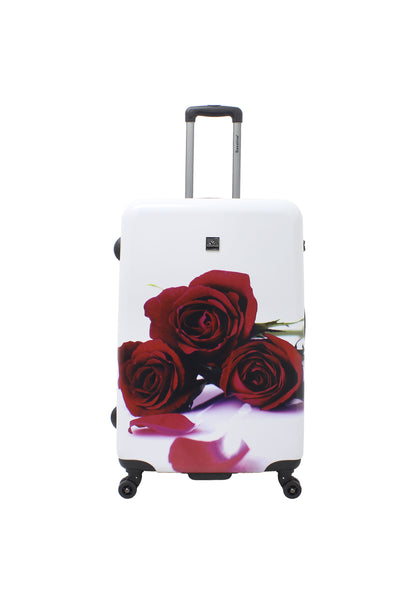 Saxoline Red Roses driedelige harde kofferset in wit met rode rozenprint, schuin aanzicht van een koffer