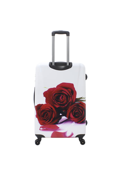 Saxoline Red Roses driedelige harde kofferset in wit met rode rozenprint, zijaanzicht van een koffer met combinatieslot