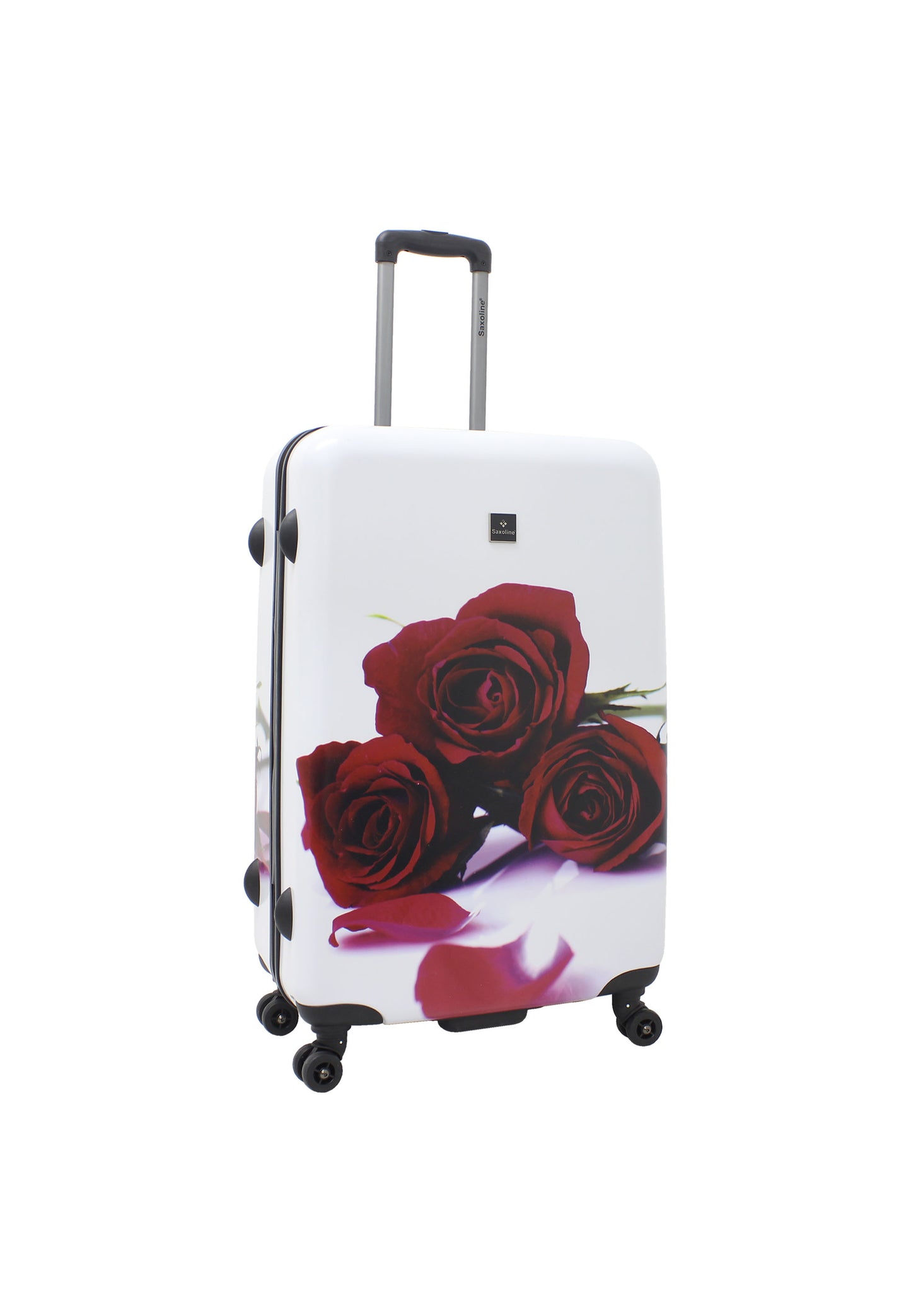 Saxoline Red Roses driedelige harde kofferset in wit met rode rozenprint, achteraanzicht van een koffer
