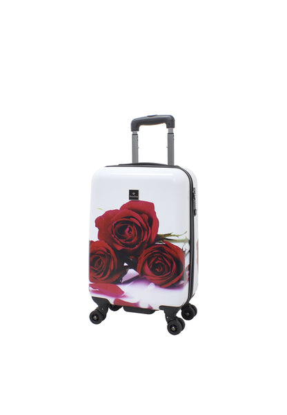 Saxoline Red Roses harde handbagagekoffer in wit met rode rozenprint, schuin vooraanzicht met spinnerwielen