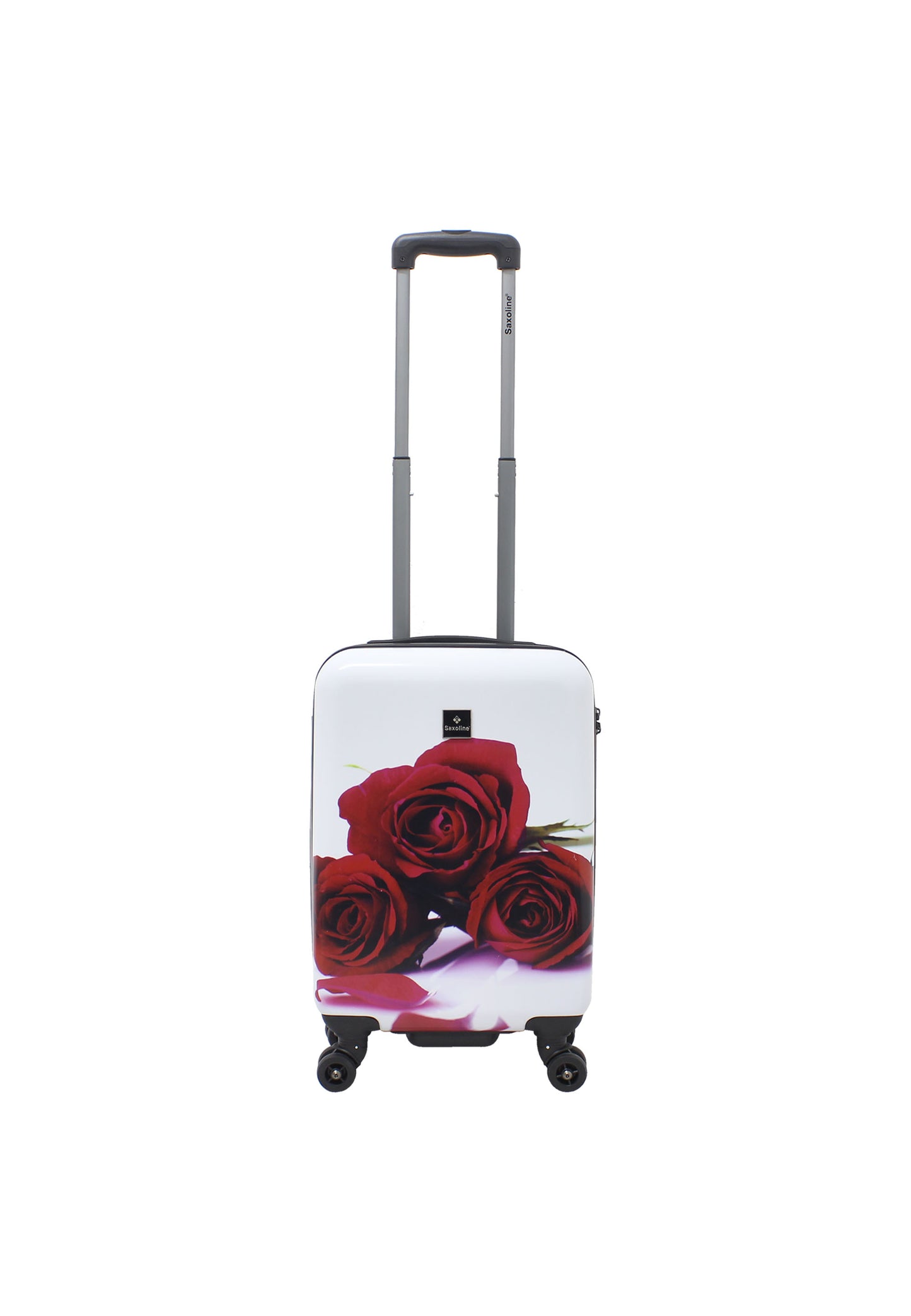 Saxoline Red Roses harde handbagagekoffer in wit met rode rozenprint, rechtopstaand vooraanzicht op witte achtergrond