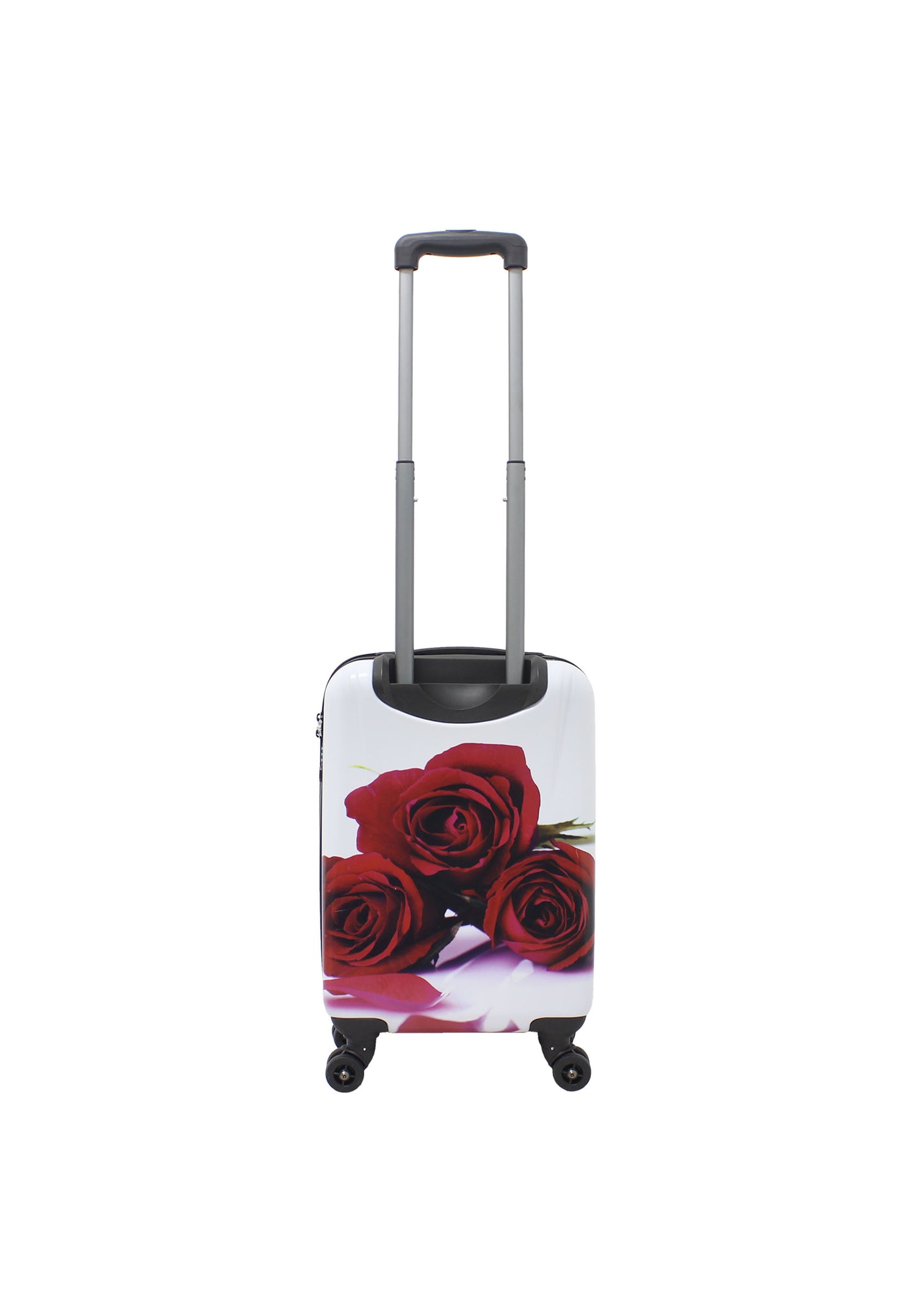 Saxoline Red Roses harde handbagagekoffer in wit met rode rozenprint, achteraanzicht met uitgeschoven trolleygreep