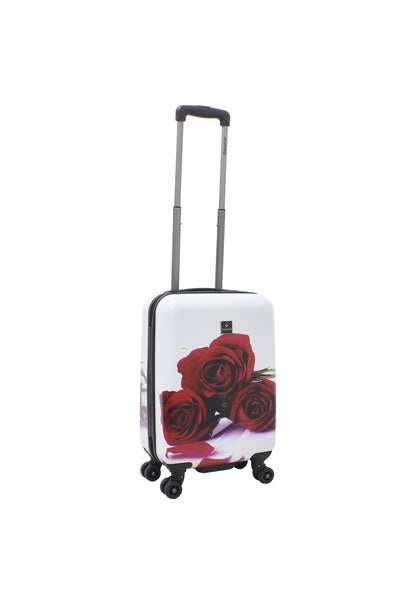 Saxoline Red Roses harde handbagagekoffer in wit met rode rozenprint, schuin achteraanzicht met spinnerwielen
