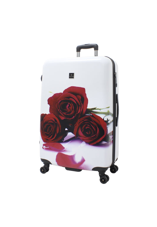 Saxoline Red Roses grote harde reiskoffer in wit met rode rozenprint, schuin vooraanzicht met spinnerwielen