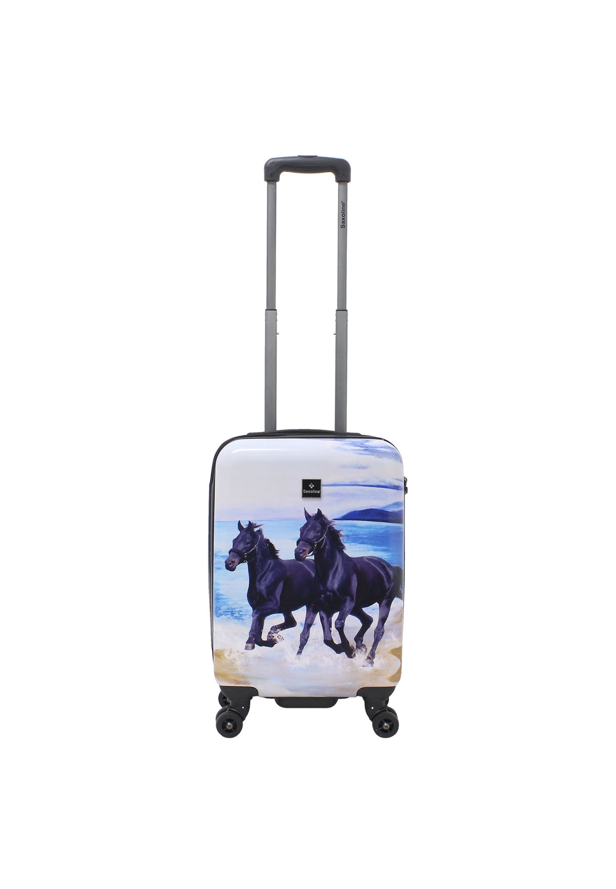 Saxoline Black Horse harde handbagagekoffer in wit met zwarte paardenprint, rechtopstaand vooraanzicht op witte achtergrond