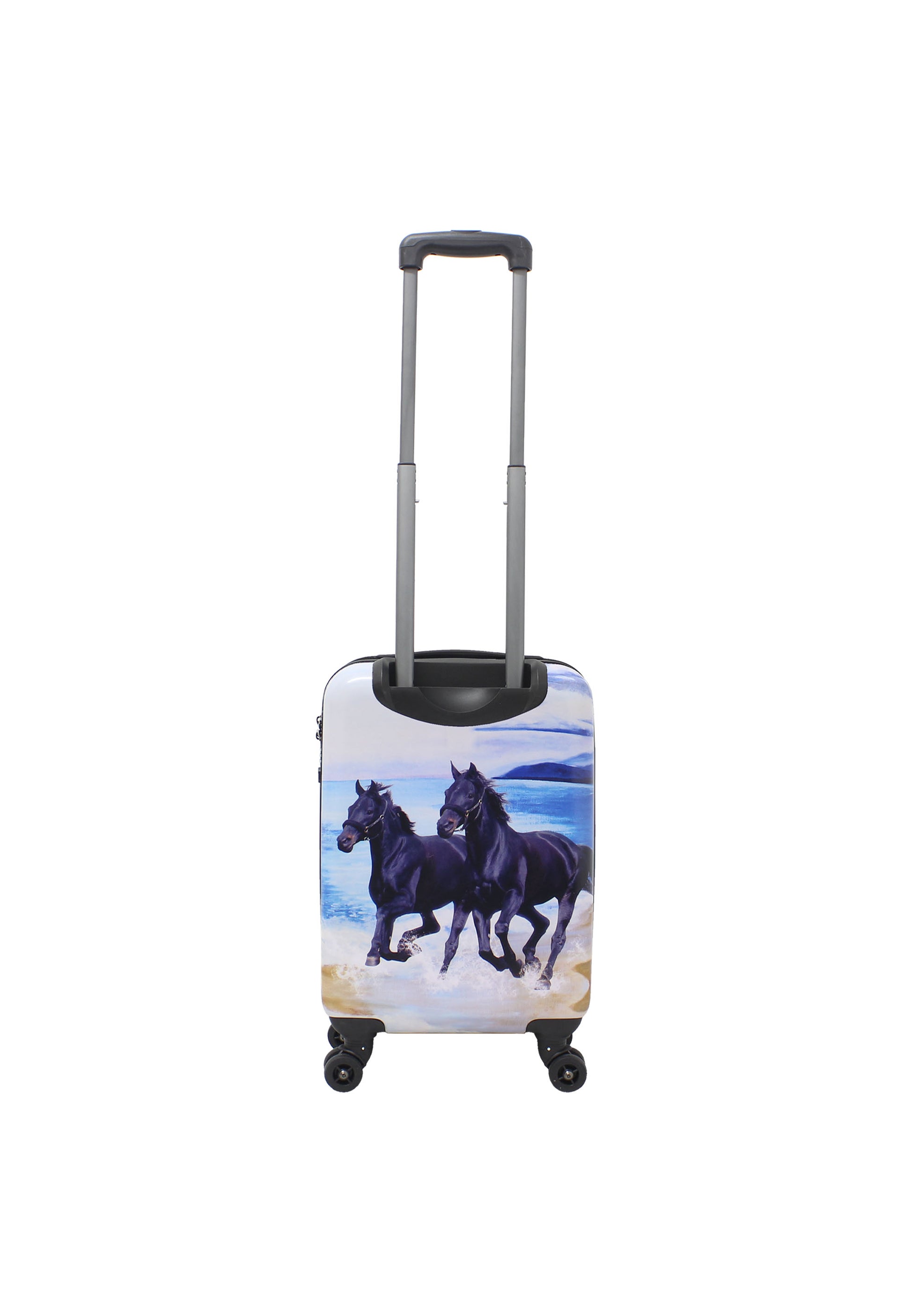Saxoline Black Horse harde handbagagekoffer in wit met zwarte paardenprint, achteraanzicht met uitgeschoven trolleygreep