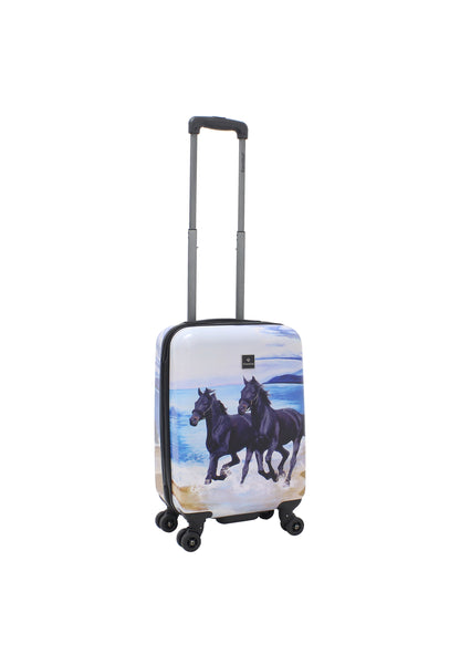 Saxoline Black Horse harde handbagagekoffer in wit met zwarte paardenprint, schuin achteraanzicht met spinnerwielen
