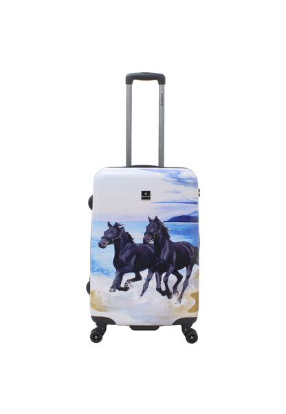 Saxoline Black Horse middelgrote harde reiskoffer in wit met zwarte paardenprint, rechtopstaand vooraanzicht op witte achtergrond