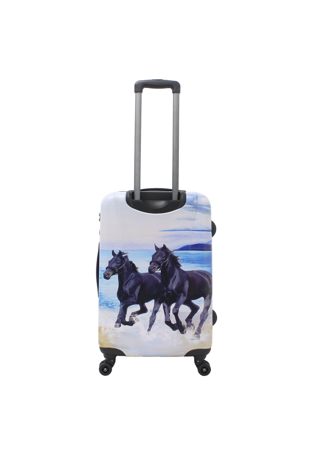 Saxoline Black Horse middelgrote harde reiskoffer in wit met zwarte paardenprint, achteraanzicht met uitgeschoven trolleygreep