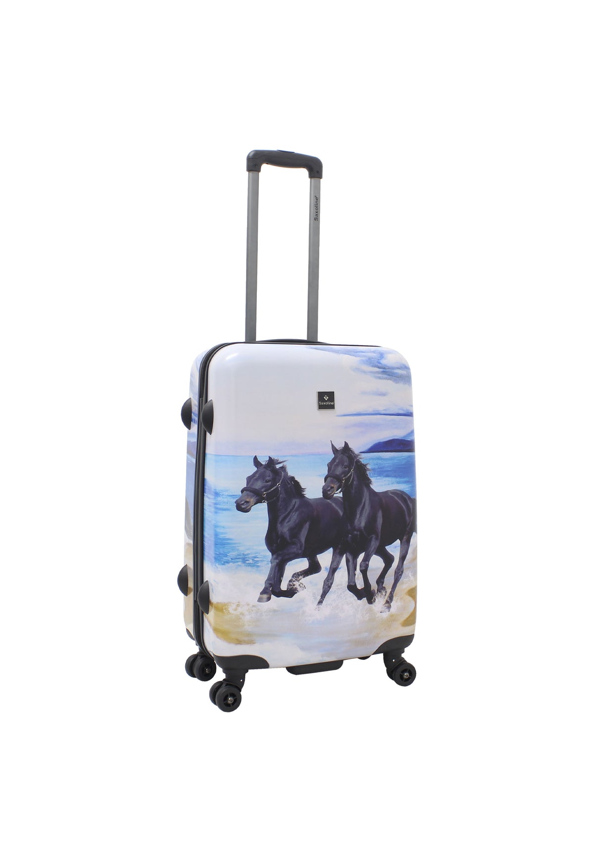 Saxoline Black Horse middelgrote harde reiskoffer in wit met zwarte paardenprint, schuin achteraanzicht met spinnerwielen