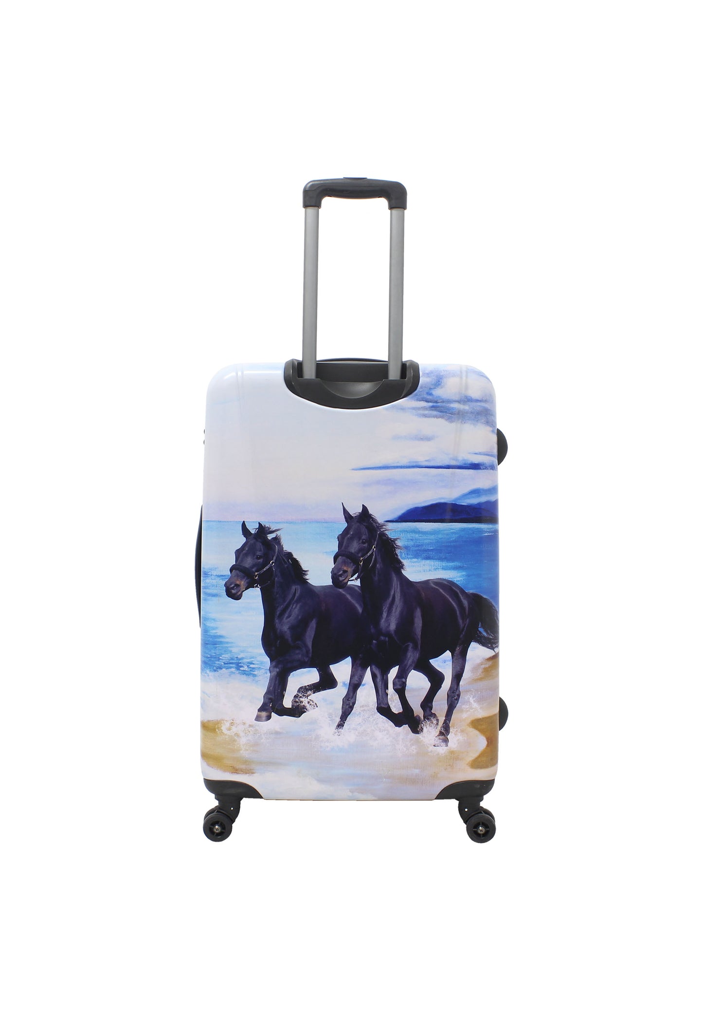 Saxoline Black Horse grote harde reiskoffer in wit met zwarte paardenprint, achteraanzicht met uitgeschoven trolleygreep