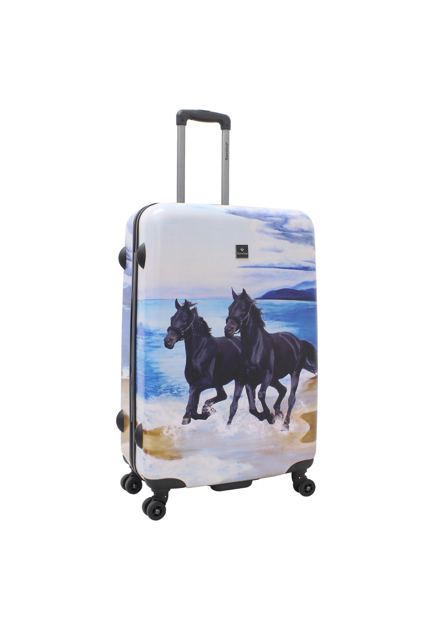Saxoline Black Horse grote harde reiskoffer in wit met zwarte paardenprint, schuin achteraanzicht met spinnerwielen