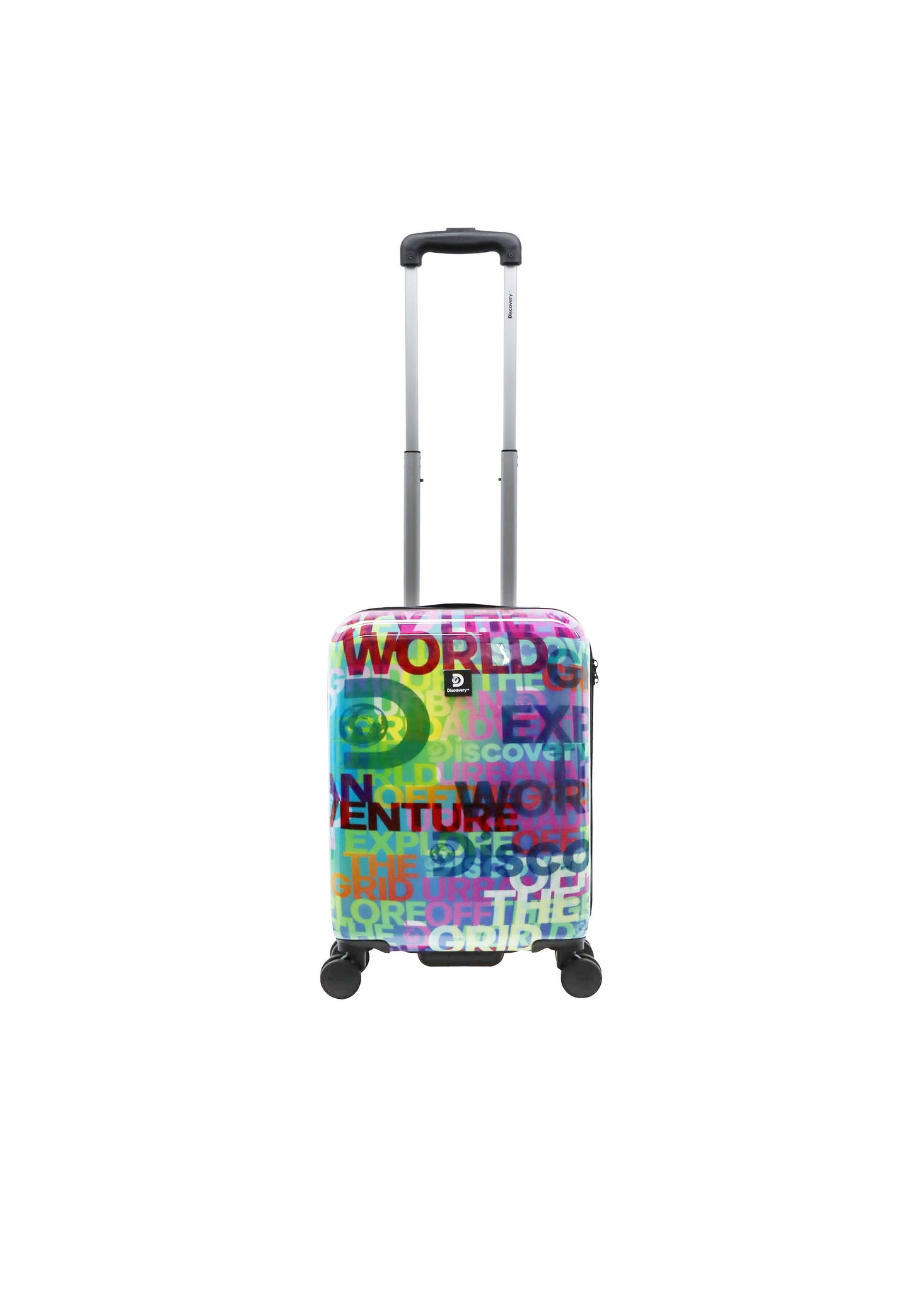 Discovery Explore the World harde reiskoffer in meerkleurige wereldkaartprint, rechtop op witte achtergrond