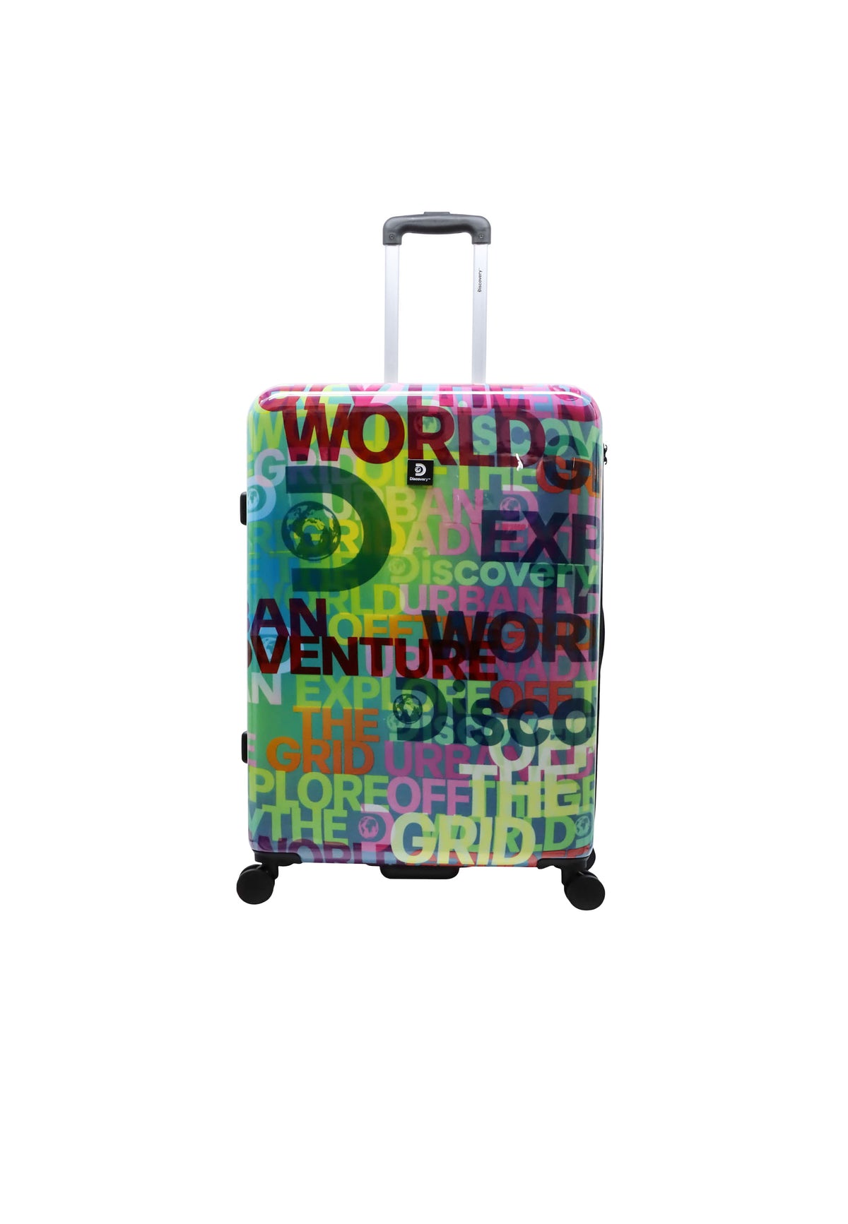Discovery Explore the World harde reiskoffer in meerkleurige wereldkaartprint, frontaal in beeld, alternatieve uitsnede