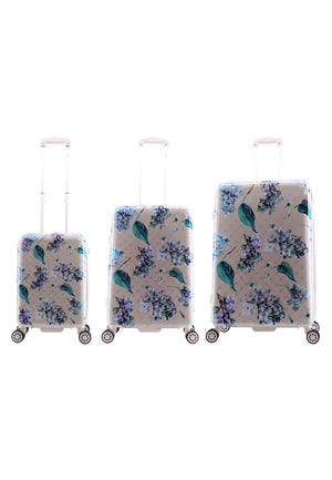 ELLE Floret harde reiskofferset in lila met bloemenprint, met drie koffers naast elkaar
