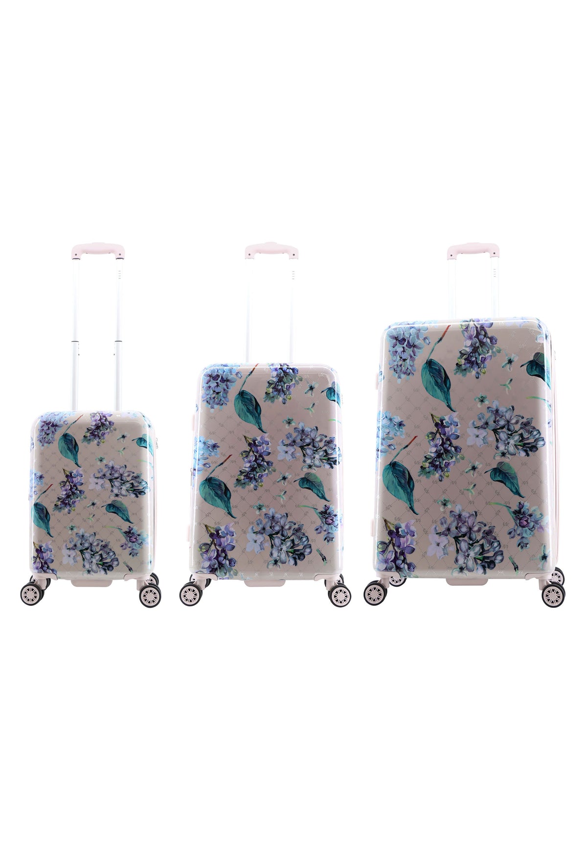 ELLE Floret harde reiskofferset in lila met bloemenprint, met drie koffers naast elkaar