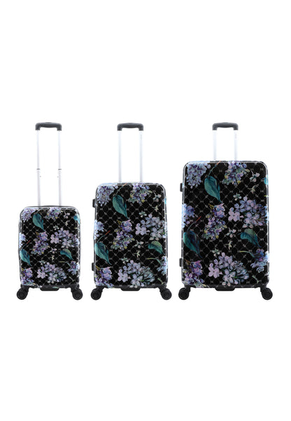 ELLE Floret harde reiskofferset in zwart met bloemenprint, met drie koffers naast elkaar