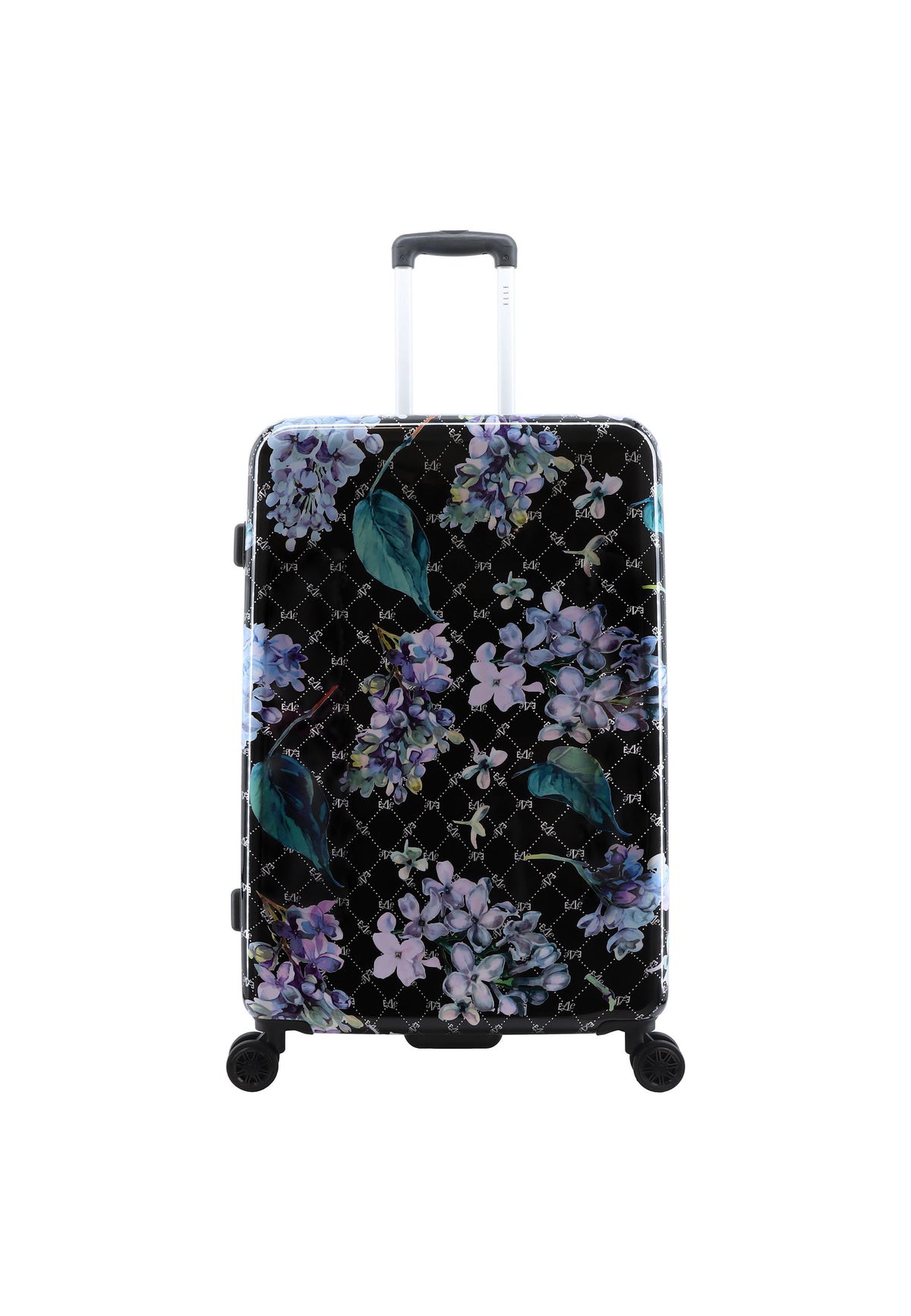 ELLE Floret harde reiskoffer in zwart met bloemenprint, groot formaat, vooraanzicht