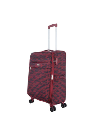 ELLE Couture zachte reiskoffer in bordeauxrood met ELLE-monogramprint, schuin vooraanzicht