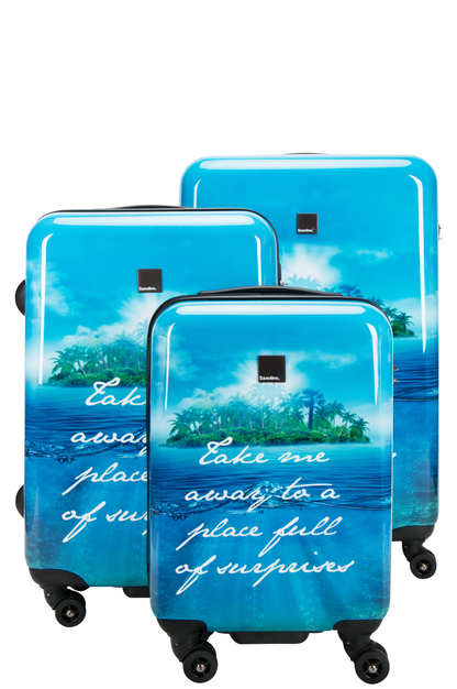 Saxoline Blue - Voorkant Island Print hard reiskofferset | luggage4u.be